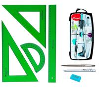 PACK LOTE Juego técnico Verde Faber Castell 65021 escuadra, cartabón, regla y semicírculo + 1 unidad de Bigotera Compás Mape Precision System 291010 (Colores Surtidos) con Adaptador + REGALO