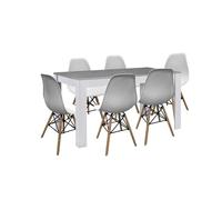 Pack mesa de comedor o cocina fija blanco y gris + 6 sillas estilo nordico blanco