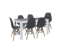 Pack mesa de comedor o cocina fija blanco y gris + 6 sillas estilo nordico gris