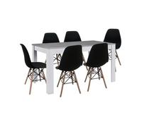 Pack mesa de comedor o cocina fija blanco y gris + 6 sillas estilo nordico negro