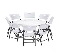 Lifetime - Pack mesa redonda Ø152 cm y 8 sillas plegables, color blanco, fabricadas en HDPE y acero resistente, con protección UV, patas con topes protectores, ideal para interior y exterior, perfecto