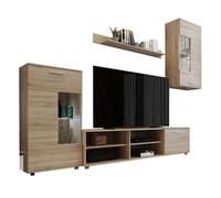 Pack muebles de salón cheri con mueble tv, 2 módulos, estantería, mesa de centro y mesa de comedor roble sonoma 230 cm