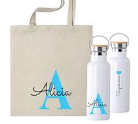 Pack Personalizado de Botella Térmica 500ml y Bolsa de Tela, Diseño con Inicial, Nombre y dedicatoria en la Botella Personalizada