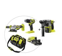 Pack Sin escobillas Taladro percutor + Martillo combinado 2.5J + Amoladora 125mm 18V ONE+™ (1x 4.0Ah y 1x 2.0Ah)
