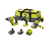 Pack Taladro percutor 50Nm + Martillo combinado 1.3J + Amoladora 115mm 18V ONE+™ (1x 4.0Ah y 1x 2.0Ah)
