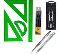 PACK Uni Estuche 3 rotuladores calibrados Uni Pin - 0.2, 0.4, 0.8 mm + FC Juego Reglas Verdes 65021 escuadra, cartabón, regla, semicírculo + Bigotera Compás 32722-8 + REGALO