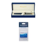 Pack Waterman - Pluma estilográfica Hemisphere en caja de regalo (punta mediana), color negro + Juego de cartuchos de tinta para pluma estilográfica (8 unidades, tamaño estándar, tinta azul)
