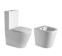 Pack Wc Inodoro Blanco MATE Completo Redondo Rimless de Fondo Reducido con Cisterna y Tapa Extrafina con Caída Amortiguada + Bidet BLANCO MATE a Suelo de Baño Redondo