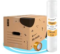 packer PRO Pack 20 Cajas Carton para Mudanzas y Almacenaje Ultra Resistentes con Asas, 50x30x30cm. Rollo Burbuja Embalaje de 50cm Ancho y 5m. Incluye Cinta adhesiva