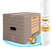 packer PRO Pack 20 Cajas Carton para Mudanzas y Almacenaje Ultra Resistentes con Asas, 50x30x30cm. Rollo Burbuja Embalaje de 50cm Ancho y 5m. Incluye Cinta adhesiva