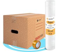 packer PRO Pack 20 Cajas Carton para Mudanzas y Almacenaje Ultra Resistentes con Asas, 50x30x30cm. Rollo Burbuja Embalaje de 50cm Ancho y 5m. Incluye Cinta adhesiva