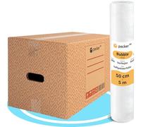 packer PRO Pack 20 Cajas Carton para Mudanzas y Almacenaje Ultra Resistentes con Asas, 50x30x30cm y Rollo Burbuja Embalaje de 50cm Ancho y 5m