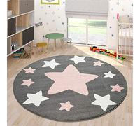 Paco Home Alfombra Habitación Infantil Estrellas Grandes Y Pequeñas En Gris Y Rosa, tamaño:Ø 200 cm Redondo