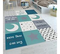Paco Home Alfombra Habitación Infantil Niño Lavable Corazón Estrellas Luna Frase Azul Gris, tamaño:120x160 cm