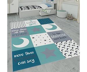 Paco Home Alfombra Infantil, Alfombra Habitación Infantil con Motivos De Estrellas, Luna Y Cuadros, tamaño:120x160 cm, Color:Turquesa