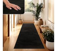 Paco Home Alfombra Moderna y Suave para Salón a Pelo Corto Lavable Fluffy Uni Efecto Piel Intemporal Elegante Antideslizante Fácil de Limpiar, tamaño:80x300 cm, Color:Negro