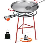 Paellero 60cm a Gas + Kit Bricolemar (Soporte Reforzado + Espumadera + Paellera 70 cm + Regulador de Butano y Manguera Homologada Kabra - Delantal Gratis)