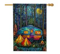 Pancarta De Jardín Tienda de campaña de camping con vidrieras, noche, | árboles multicolores Banderas Al Aire Libre 12x18in Lavable Bandera Pequeña Impermeable Bandera Carnaval Fiesta