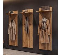 Panel de armario MCA, modelo 3er-Set Garderobenpaneel HWC-P55, percha de pared, estante de madera maciza, ganchos, roble