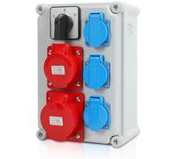 Panel de distribución eléctrica de pared, IP44, adaptador para enchufe de pared, diseñado para montaje en pared en obras. Incluye: 1 toma de 32A, 1 toma de 16A, 3 tomas de 230V, con interruptor