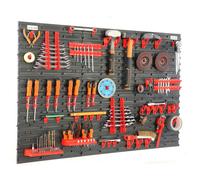 Panel de herramientas, estante de pared con dimensiones de 116x78 cm, juego de 68 piezas en color /rojo. Soporte para herramientas, estante para taller, sistema de almacenamiento, estante con comparti