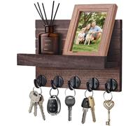 Panel de pared con estante, de madera, color marrón, con 5 ganchos, ideal para pasillos y recibidores