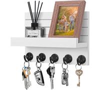 Panel de pared de madera con 5 ganchos y un compartimento de almacenamiento, color blanco, ideal para el recibidor