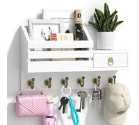 Panel de pared de madera con estante, montado en la pared, con 6 ganchos, de color blanco, para la cocina