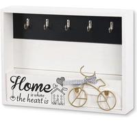Panel de pared Unyqoos® para llaves con espacio de almacenamiento y compartimento para cartas, de madera/metal, con 5 ganchos, de 32 x 24 x 6 cm, en color y blanco con un adorno dorado de bicicleta. I