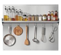 Panel protector de acero inoxidable VEVOR para cocina, de 91 x 76 cm, ideal para proteger la pared detrás de la estufa y la campana extractora, con estante, ganchos y agujeros preperforados. Panel rob
