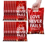 Panelee 100 bolsas de plástico con asas para regalo de San Valentín, con texto en inglés "Love Never Fails", bolsas de regalo religiosas para adultos, cruz cristiana, bolsa de regalo para fiesta de