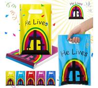 Panelee 100 bolsas de regalo de Pascua He Is Risen, bolsas de regalo cristianas de plástico con asas, bolsas religiosas de dulces de Pascua, bolsas de regalo cruzadas de Pascua (vívidas)