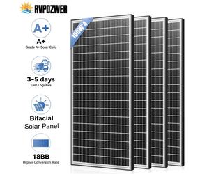 Paneles Solares de Doble Cara RVPOZWER 400W/200W/100W 12V Monocristalinos con 25.5% de Alta Eficiencia y 18 Celdas BB para Techos Residenciales 100W x 4