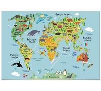 Panorama Lienzo Infantil para habitación Mapa Mundi Niños Animales 100x70cm - Bastidor Incluido - Cuadros Decorativos para Salón - Decoración Moderna
