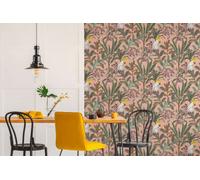 Papel de Pared Pintado Selva Con Kakadu Im Aspecto Retro - Rosa, Verde, Violeta