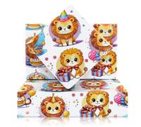 Papel de regalo de león, simba del rey león con sombrero de cumpleaños y papel de regalo de globos, 4 hojas plegadas planas de 50 x 70 cm, papel de regalo para cumpleaños, boda, safari, fiesta de la