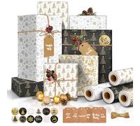 Papel de Regalo Navidad Grande 4 Rollo, Papel Regalo Navidad 12m, Papel de Regalo Elegante Set con 10m Cuerda de Papel Kraft + 6 Etiqueta + 12 Pegatina, Decoracion Original Envolver (43cm×3m 4 Rollos)