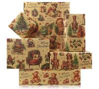 Papel de regalo retro de Navidad, 4 hojas de papel de regalo plegado de Navidad, cascanueces, Papá Noel, búho, alce, oso, camión, muñeco de nieve, papel de regalo para cumpleaños, baby shower, fiesta