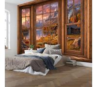 Papel Pintado 3D Cabañas Rurales Orillas Lago Paisaje Forestal Otoñal 250X175Cm Marrón Oscuro Xxl Fotomurales Tejido No Tejido Murales Decorativos Pared Papel Tapiz Moderna Dormitorio Para La Sala