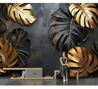 Papel Pintado Arte Moderno Efecto 3D Hojas Monstera Negras Doradas - Gris Oscuro - Fotomurales Pared Decorativos Murales Fotográfico Decoración De Paredes (450 × 315 Cm)