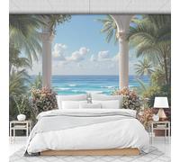 Papel Pintado Costa Paisaje Pared 3D Papel Tapiz - Palmeras Terraza Murales Tapiz Fotomural para Sala Cuarto Oficina Salón Tv Fondo Pared Dormitorio Decoración, Verde Azul Blanco