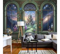 Papel Pintado de Magia De Fantasía Retro 350x250cm Papel de Pared de Fondo Grande Castillo De Cristal 3D Murales Papel Tapiz Decoración De Pared para Salón Dormitorio Pasillo Comedor, Verde De Judía