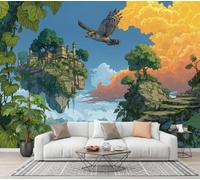 Papel Pintado Fantasía Paisaje Pared 3D Papel Tapiz - Flotante Isla Castillo Murales Tapiz Fotomural para Sala Cuarto Oficina Salón Tv Fondo Pared Dormitorio Decoración, Verde Azul Naranja