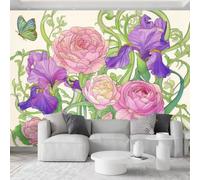 Papel pintado fotográfico 3D no tejido, 250 x 175 cm, papel pintado fotográfico de acuarela floral y mariposas, color crema, impresión artística de alta calidad, decoración para sala de estar