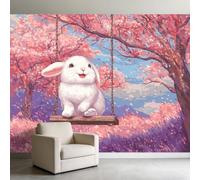 Papel pintado fotográfico 3D no tejido, 400 x 280 cm, diseño de animales, conejos, flores de cerezo, flores de cerezo, papel pintado fotográfico, color rosa, impresión artística de alta calidad