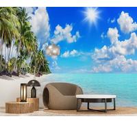 Papel pintado fotográfico con palmeras y playa tropical, papel pintado moderno no tejido para pared, ideal para sala de estar, dormitorio o habitación infantil. Decoración de pared con motivos, 300 cm
