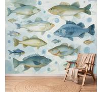 Papel pintado fotográfico de acuarela costera, 200 x 140 cm, XXL, moderno, para salón, dormitorio, peces, burbujas, algas marinas, coral, efecto 3D, montaje rápido, resistente a la luz