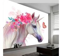 Papel pintado fotográfico efecto 3D Animales Caballos Flores 350 x 256 cm Fotomurales Tejido No Tejido Murales Fotográfico Moderno Decoración de Paredes para salón o dormitorio, Blanco
