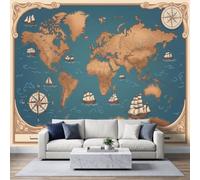 Papel pintado fotográfico no tejido, 200 x 140 cm, estilo de navegación retro descubrimientos, papel pintado panorámico de alta calidad, para sala de estar y dormitorio, mapa del mundo velero