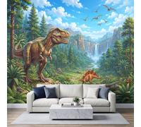Papel pintado fotográfico no tejido, 250 x 175 cm, ilustración CG realista 3D Papel pintado panorámico de alta calidad, para sala de estar y dormitorio, dormitorio niños T-Rex Dinosaurio Bosque